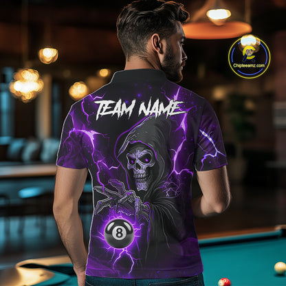 Purple Grim Reaper 8 Ball Billiard Shirt For Men Custom Lightning Pool Team Jersey Polo, 1/4 Zip TDM6328