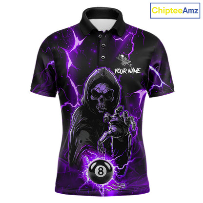 Purple Grim Reaper 8 Ball Billiard Shirt For Men Custom Lightning Pool Team Jersey Polo, 1/4 Zip TDM6328