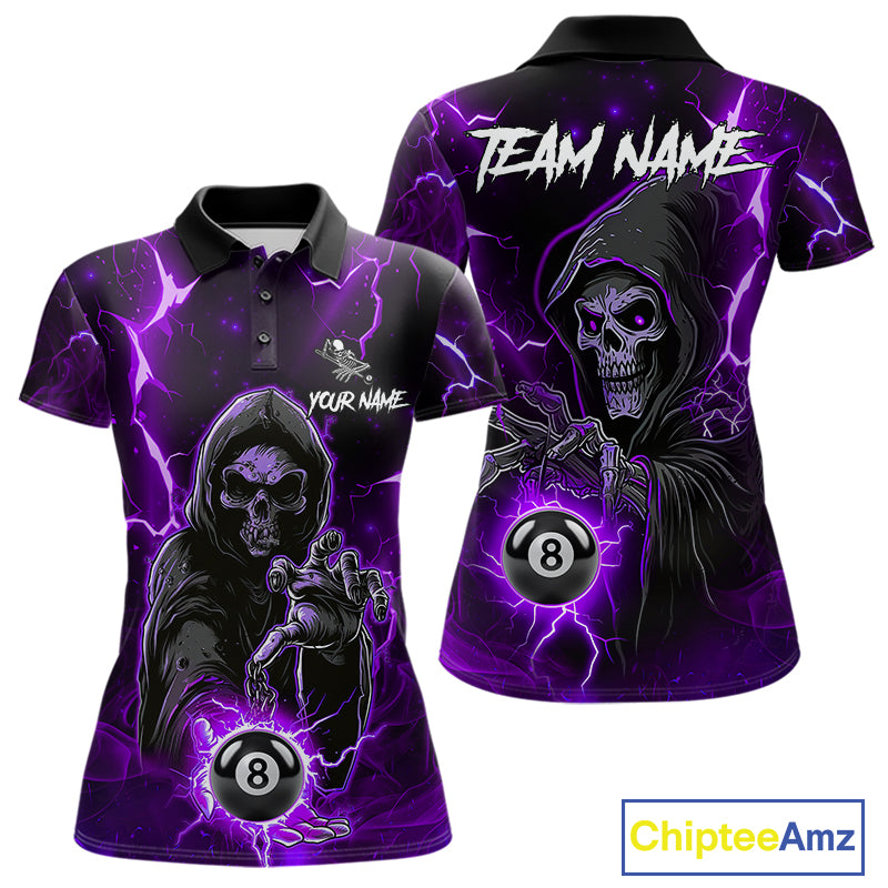 Purple Grim Reaper 8 Ball Billiard Shirt For Women Custom Lightning Pool Team Jersey Polo, 1/4 Zip TDM6328