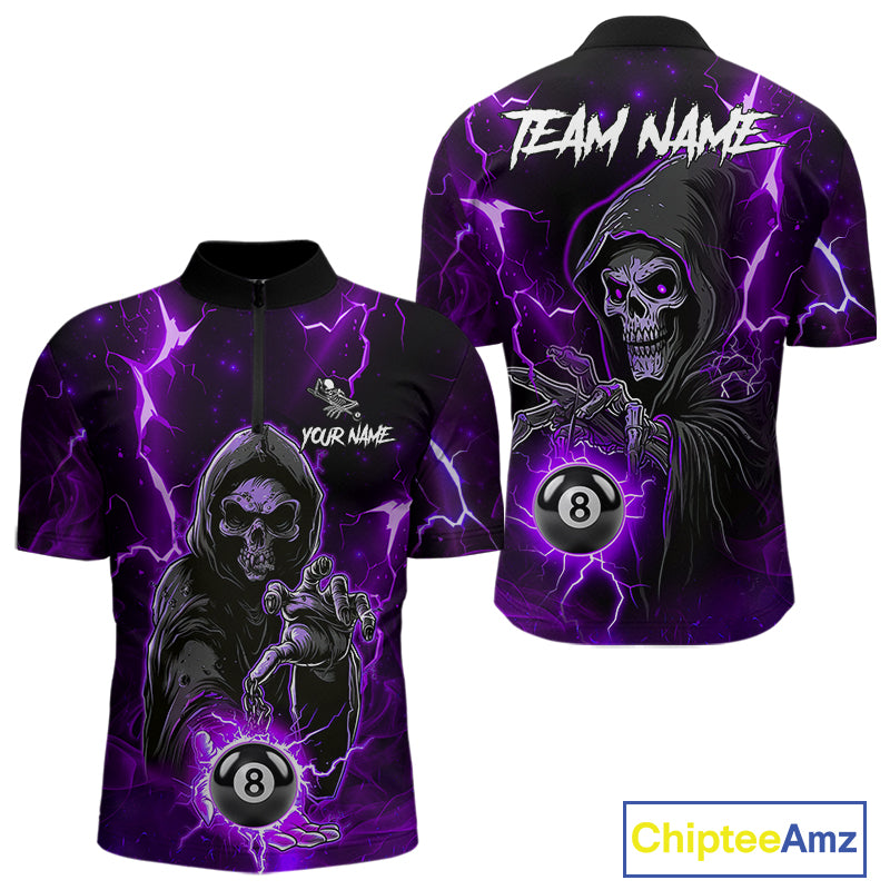 Purple Grim Reaper 8 Ball Billiard Shirt For Men Custom Lightning Pool Team Jersey Polo, 1/4 Zip TDM6328