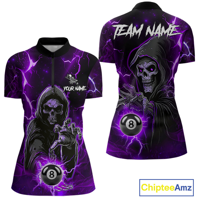 Purple Grim Reaper 8 Ball Billiard Shirt For Women Custom Lightning Pool Team Jersey Polo, 1/4 Zip TDM6328