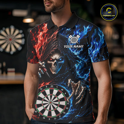Blue And Red Flaming Grim Reaper Darts Shirts For Men Custom Darts Team Jersey Polo & 1/4 Zip TDM6503