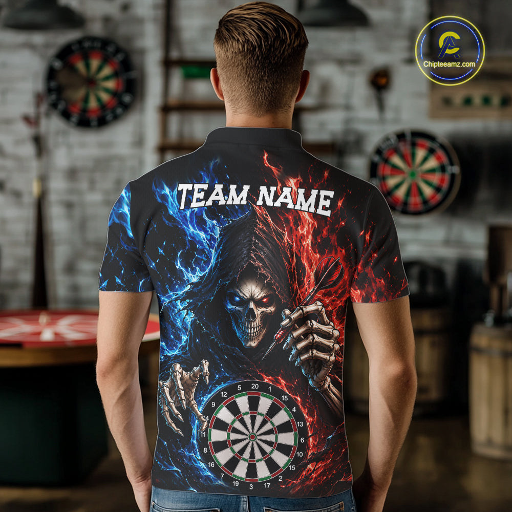 Blue And Red Flaming Grim Reaper Darts Shirts For Men Custom Darts Team Jersey Polo & 1/4 Zip TDM6503