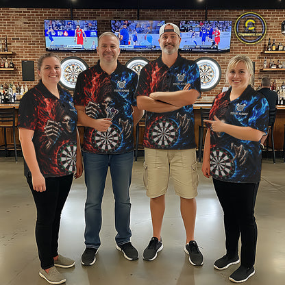 Blue And Red Flaming Grim Reaper Darts Shirts For Men Custom Darts Team Jersey Polo & 1/4 Zip TDM6503