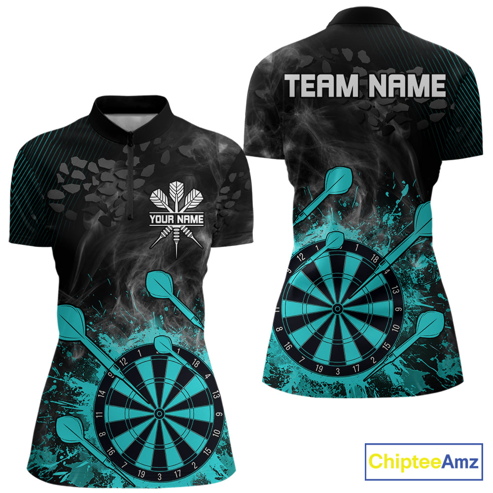 Turquoise Dartboard Splatter Smoke Darts Shirt For Women Custom Darts Team Jersey Polo & 1/4 Zip TDM6504