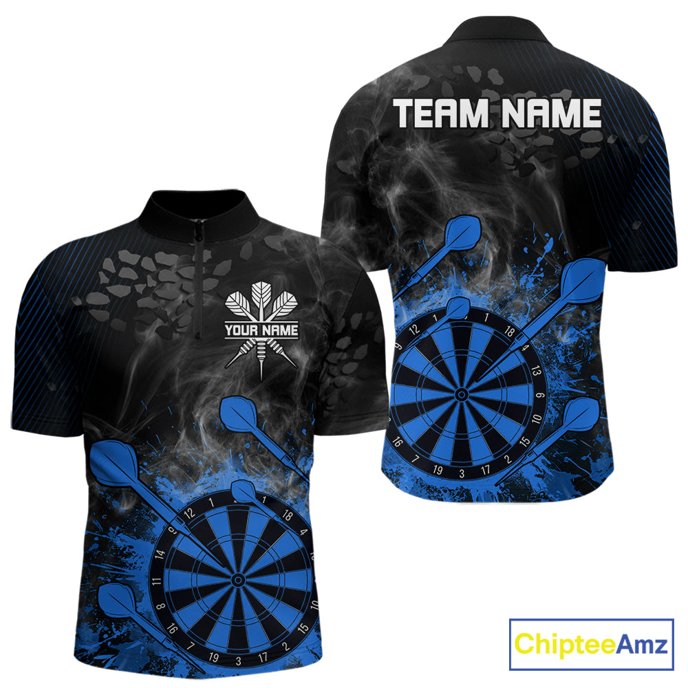 Blue Dartboard Splatter Smoke Darts Shirt For Men Custom Grunge Darts Team Jersey Polo & 1/4 Zip TDM6506