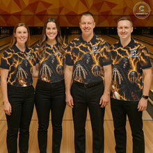 Load image into Gallery viewer, Bowling team wearing matching custom yellow lightning Grim Reaper bowling team jerseys featuring premium Grim Reaper and lightning artwork, front view.