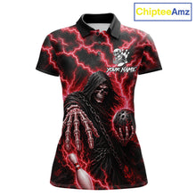Load image into Gallery viewer, Custom red lightning Grim Reaper bowling league team jersey polo shirt for women featuring a fierce Grim Reaper with red lightning artwork, premium custom bowling league apparel for tournaments, league nights and competitive bowling teams.
