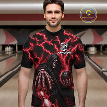 Load image into Gallery viewer, Man wearing custom red lightning Grim Reaper bowling league team jersey quarter zip shirt featuring red lightning Grim Reaper artwork, front view.