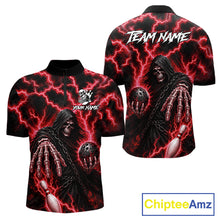 Load image into Gallery viewer, Custom red lightning Grim Reaper bowling league team jersey quarter zip shirt for men featuring striking Grim Reaper and red lightning graphics, premium custom bowling league apparel.