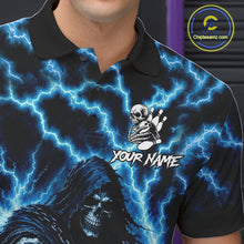 Load image into Gallery viewer, Close-up of the custom blue lightning Grim Reaper bowling team jersey polo shirt showing the collar, buttons, premium performance fabric and detailed Grim Reaper graphics.