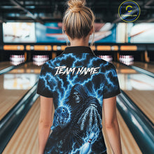 Load image into Gallery viewer, Woman wearing custom blue lightning Grim Reaper bowling team jersey quarter zip shirt featuring blue lightning Grim Reaper artwork, front view.