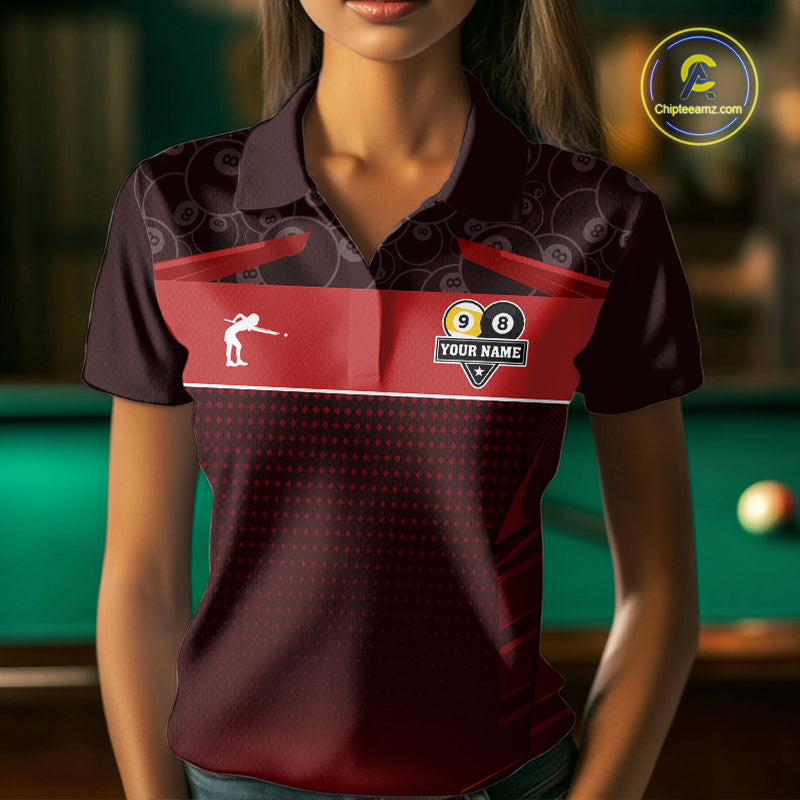 Red Funny Cat 8 Ball & 9 Ball Billiard Shirt For Women Custom Pool Team Jersey Polo & 1/4 Zip TDM7240