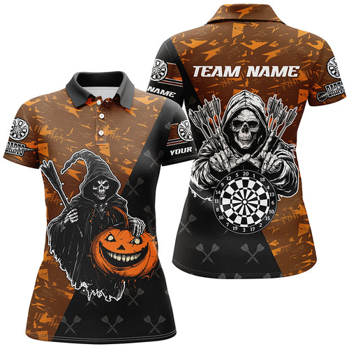 Personalized Orange Abstract Death Skeleton Halloween Darts Shirts For Women, Scary Darts Jerseys TDM2736