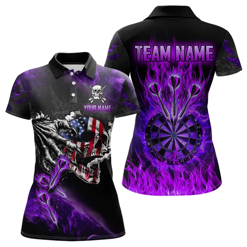 Fire Flame Darts Board American Flag Skull Dart Shirts For Women Custom Darts Team Jerseys |Purple TDM2982