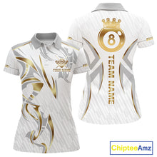 Load image into Gallery viewer, White And Gold Crown 8 Ball Women's Billiards Shirts Custom Billiard Jersey Team Polo &amp; 1/4 Zip TDM5211