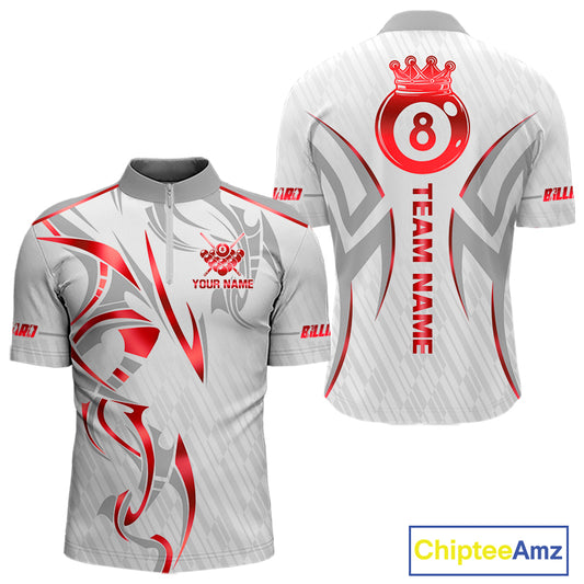 White And Red Crown 8 Ball Men's Billiards Shirts Custom Billiard Jersey Team Polo & 1/4 Zip TDM5212