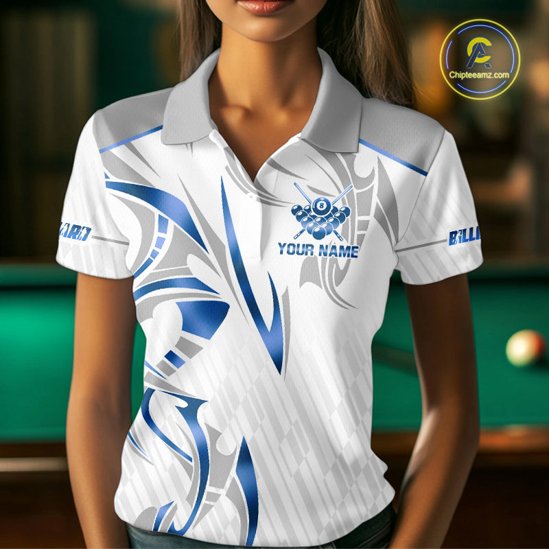 White And Blue Crown 8 Ball Women's Billiards Shirts Custom Billiard Jersey Team Polo & 1/4 Zip TDM5213