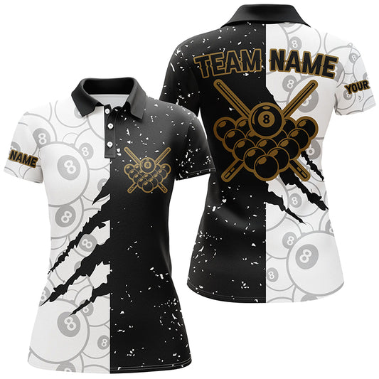 Custom Grunge Black White 8 Ball Pool Billiard Women Polo Shirts, 8 Ball Billiard Apparel Clothing TDM0730