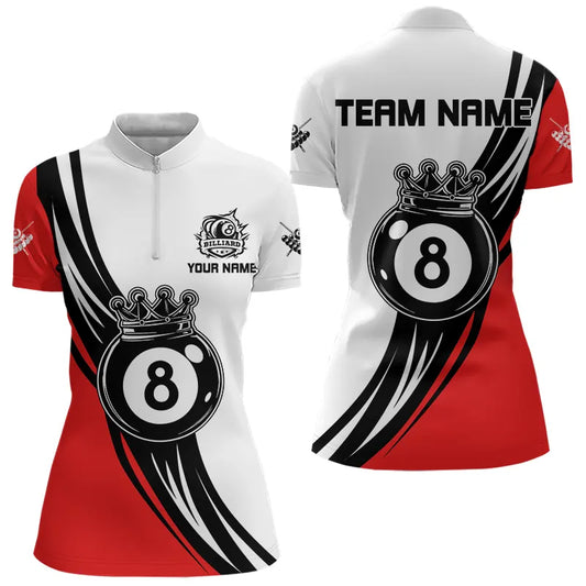 Personalized Black White 8 Ball Pool Crown Women Billiard Shirts, Billiard 8 Ball Team Jerseys |Red TDM3421