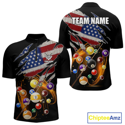 American Flag Pool Balls Billiard Shirt For Men Custom Patriotic Billiard Jersey Polo & 1/4 Zip TDM5730