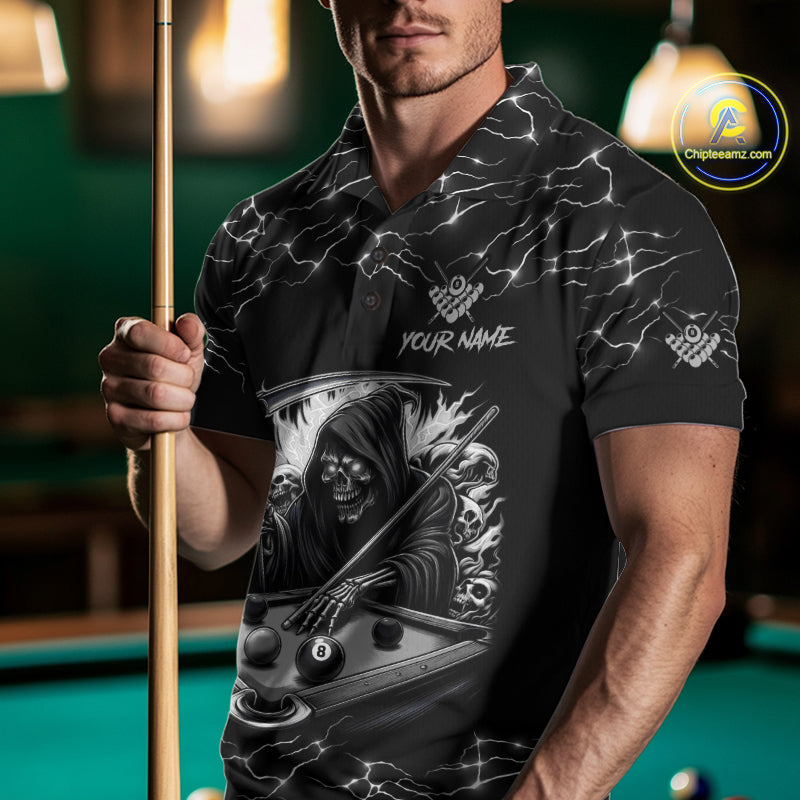 Black White Funny Grim Reaper 8 Ball Pool Men Billiard Shirts Custom Lightning Billiard Jerseys TDM3726