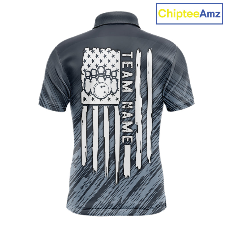 Custom Grey Grunge American Flag Bowling Shirt For Men, Patriotic Bowling Jersey Polo & 1/4 Zip TDM6516