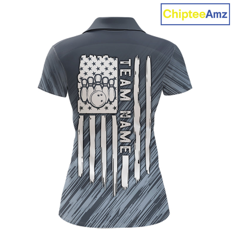 Custom Grey Grunge American Flag Bowling Shirt For Women, Patriotic Bowling Jersey Polo & 1/4 Zip TDM6516