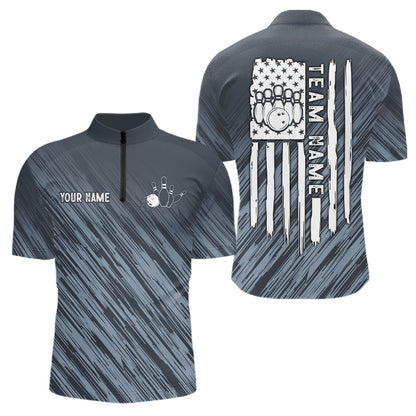 Custom Grey Grunge American Flag Bowling Shirt For Men, Patriotic Bowling Jersey Polo & 1/4 Zip TDM6516
