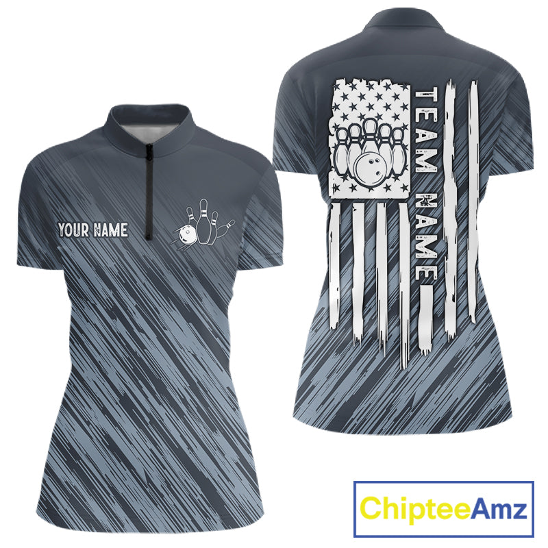 Custom Grey Grunge American Flag Bowling Shirt For Women, Patriotic Bowling Jersey Polo & 1/4 Zip TDM6516