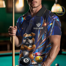 Load image into Gallery viewer, Man wearing personalized funny crystal bulldog 8 ball pool billiard team jersey polo shirt featuring crystal bulldog and 8 ball artwork, front view.
