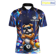 Load image into Gallery viewer, Personalized funny crystal bulldog 8 ball pool billiard team jersey polo shirt for men featuring colorful crystal bulldog artwork, premium custom billiard apparel for league matches and tournament play.