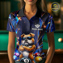 Load image into Gallery viewer, Woman wearing personalized funny crystal bulldog 8 ball pool billiard team jersey polo shirt featuring crystal bulldog and 8 ball artwork, front view.