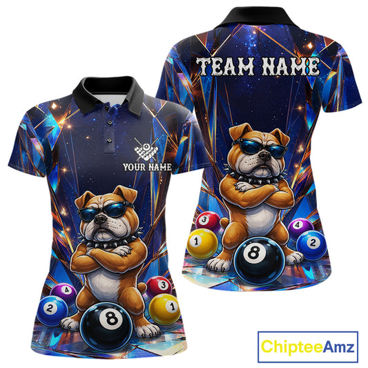 Personalized funny crystal bulldog 8 ball pool billiard team jersey polo shirt for women featuring colorful crystal bulldog artwork, premium custom billiard apparel for league matches and tournament play.