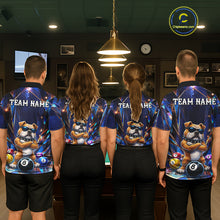 Load image into Gallery viewer, Billiard team wearing matching personalized funny crystal bulldog 8 ball pool team jerseys featuring premium crystal bulldog graphics, front view.
