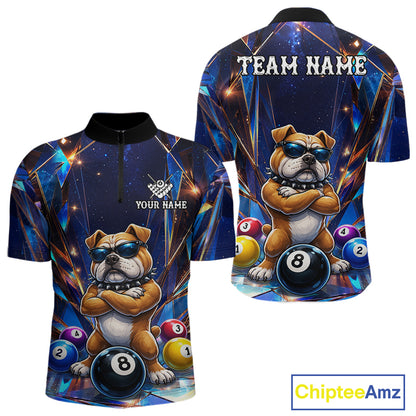 Personalized funny crystal bulldog 8 ball pool billiard team jersey quarter zip shirt for men featuring detailed crystal bulldog and 8 ball graphics, premium custom pool apparel.