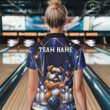 Load image into Gallery viewer, Woman wearing personalized funny crystal bulldog bowling team jersey quarter zip shirt featuring crystal bulldog artwork, front view.