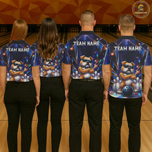 Load image into Gallery viewer, Bowling team wearing matching personalized funny crystal bulldog bowling team jerseys featuring premium crystal bulldog graphics, back view.