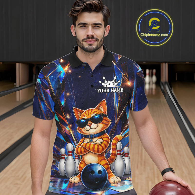 Man wearing personalized funny crystal cat bowling team jersey polo shirt featuring crystal cat artwork, front view.