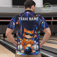 Load image into Gallery viewer, Man wearing personalized funny crystal cat bowling team jersey quarter zip shirt featuring crystal cat artwork, back view.