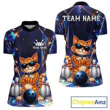 Load image into Gallery viewer, Personalized funny crystal cat bowling team jersey quarter zip shirt for women featuring colorful crystal cat graphics, premium custom bowling league apparel.
