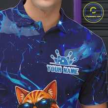 Load image into Gallery viewer, Close-up of the personalized blue funny cat bowling team jersey polo shirt showing the collar, buttons, premium performance fabric and detailed blue cat graphics.