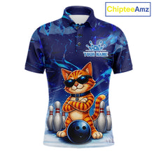 Load image into Gallery viewer, Personalized blue funny cat bowling team jersey polo shirt for men featuring a playful blue cat design, premium custom bowling league apparel and unique bowling gifts for tournaments and league play.