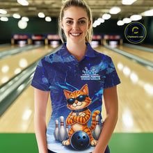 Load image into Gallery viewer, Woman wearing personalized blue funny cat bowling team jersey polo shirt featuring blue funny cat artwork, front view.