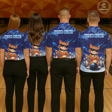 Load image into Gallery viewer, Bowling team wearing matching personalized blue funny cat bowling team jerseys featuring vibrant blue cat graphics, back view.