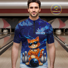 Load image into Gallery viewer, Man wearing personalized blue funny cat bowling team jersey quarter zip shirt featuring blue funny cat artwork, front view.