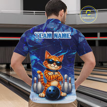 Load image into Gallery viewer, Man wearing personalized blue funny cat bowling team jersey quarter zip shirt featuring blue funny cat artwork, back view.