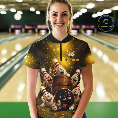 Yellow Funny Drunk Bowling Pins Bourbon Vintage Bowling Shirts For Women Custom Bowling Team Jersey TDM7249
