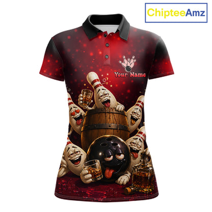Red Funny Drunk Bowling Pins Bourbon Vintage Bowling Shirts For Women Custom Bowling Team Jersey TDM7250