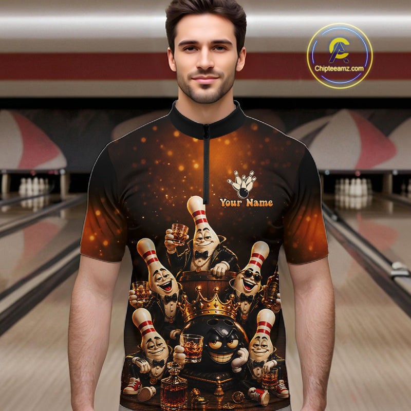 Funny Crown Drunk Bowling Pins Bourbon Vintage Bowling Shirts For Men Custom Bowling Team Jersey TDM7254